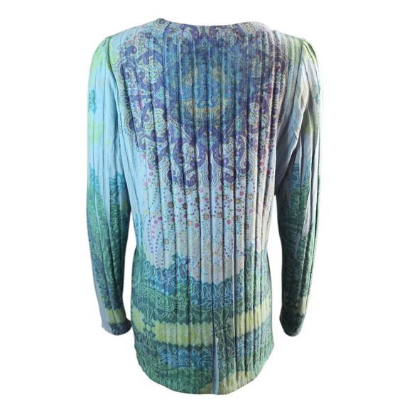 One World Sweater Womens Plus Size 1X Blue Green Pleated Ribbed Boho Artsy Soft - Picture 4 of 8